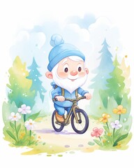 A cheerful gnome rides a bicycle through a colorful forest, surrounded by flowers and trees, enjoying a beautiful day outdoors.