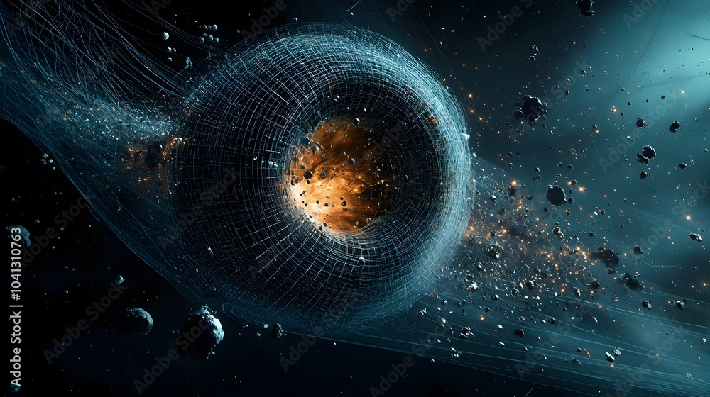Fototapete Elegant and mesmerizing visualization of mesh lines tracing the dynamic flow of gravitational waves moving through the vast and enigmatic cosmos