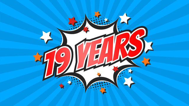 Celebratory animation for 19th nineteenth anniversary - 19 nineteen years birthday. Flat text on pop colorful background with rays.