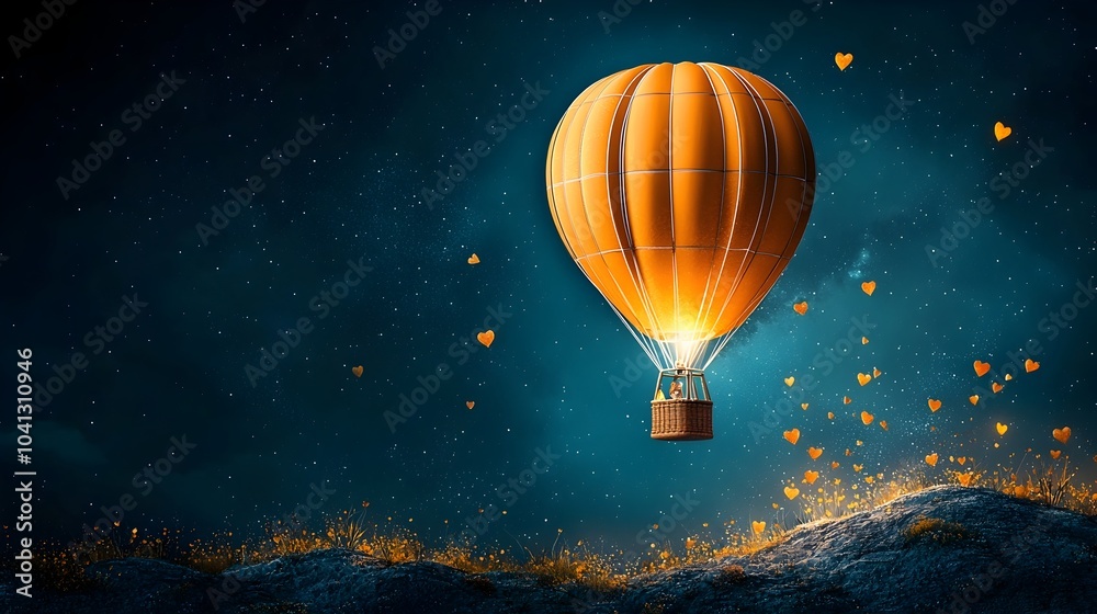 Poster ethereal and captivating mesh patterned hot air balloon gracefully floating above a mesmerizing glow