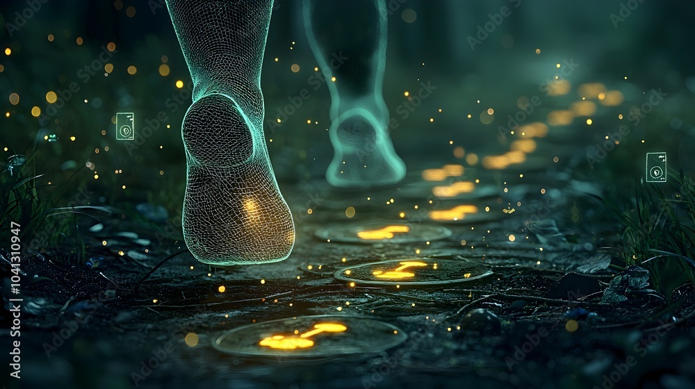 Poster ethereal glowing mesh footprints illuminating a mystical forest landscape representing the impact an