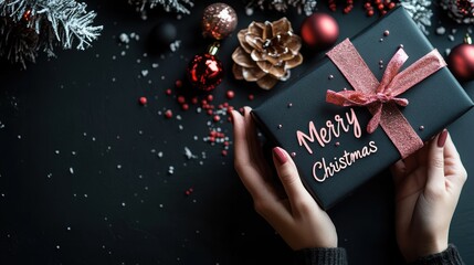 Black Christmas gift with pink ribbon held by woman’s beautiful hand on decorated table