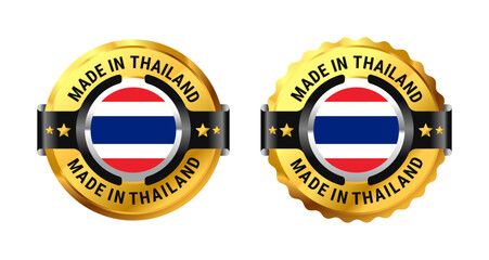 Made in Thailand logo a gold circle with a picture of a flag in the middle. For icon, label, badge, mark, sign, symbol, etc. Modern and minimalist. Vector Illustration