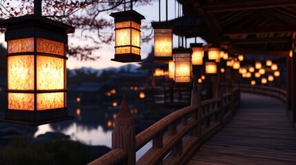 Soft glowing light box beneath rows of hanging Japanese lanterns, traditional wooden bridge in a calming evening scene with lanterns and cultural ambiance.