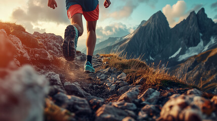 Trail runner in motion on a rocky mountain path, surrounded by rugged peaks and the golden light of sunset. The scene captures the essence of outdoor adventure