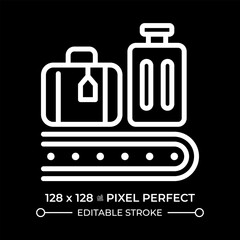 Baggage service white linear icon for dark theme. Luggage on conveyor belt. Transporting and sorting passenger bags. Thin line illustration. Isolated symbol for night mode. Editable stroke