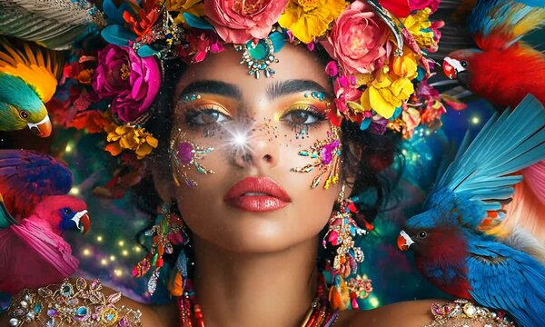 Woman adorned with flowers, jewels, and colorful parrots