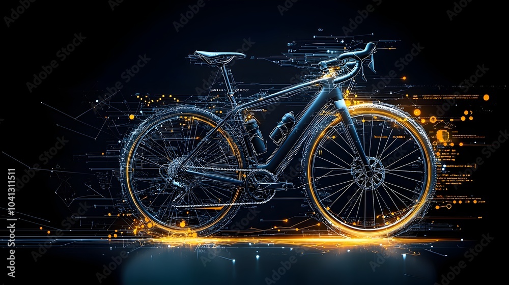 Poster futuristic digital of a bicycle mesh pattern with glowing radiant spokes and a trail of luminous lig