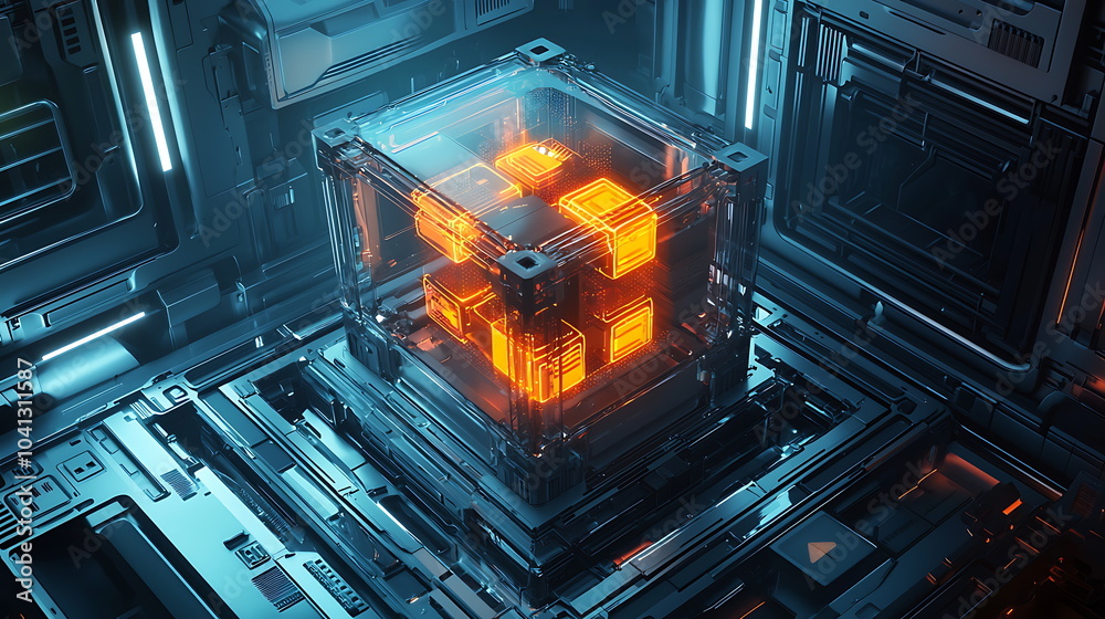 Fototapete Exploring a futuristic glowing cube in a high-tech environment a journey into advanced technology and design innovations
