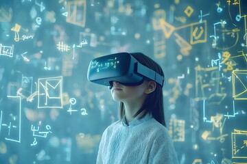 Immersive Virtual Education Floating Mathematical Equations and Geometric Shapes Surround a Person Wearing VR Glasses