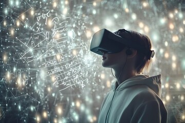 A person immersed in virtual reality surrounded by floating mathematical shapes and equations representing an immersive learning experience