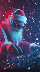 Santa Claus dressed as a DJ, mixing music on a turntable with vibrant lighting and snowflakes falling. The festive mood is combined with a modern, fun twist