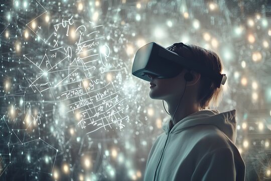 A person immersed in virtual reality surrounded by floating mathematical shapes and equations representing an immersive learning experience