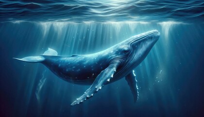 Fototapeta premium Realistic Digital Artwork of a Blue Whale Swimming Underwater, Showcasing Detailed Skin Texture, Natural Blue Tones, Ocean Depths, Water Particles, and Light Filtering Through the Water
