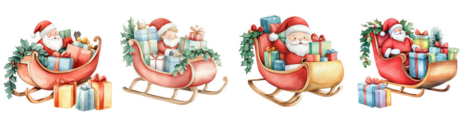 Four festive Santa sleds filled with colorful presents, ready for holiday cheer, white isolated background.