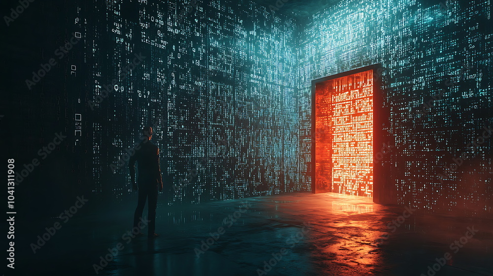 Leinwandbilder a mysterious figure standing before a glowing door in a digital realm exploring the intersection of 