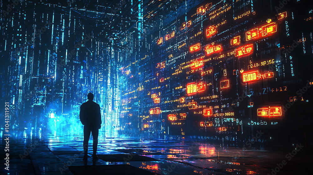 Leinwandbilder exploring the future a solitary figure in a vibrant digital realm of dynamic data and boundless poss