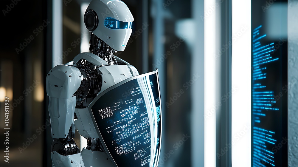 Poster Futuristic robot guardian a shielded protector displaying advanced data analytics in a high-tech environment