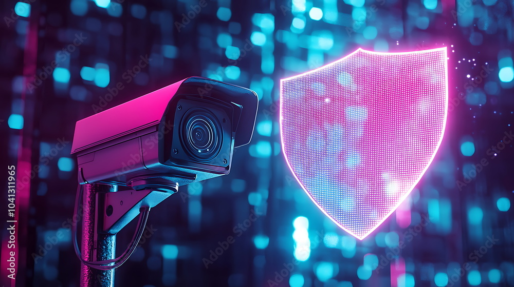 Leinwandbilder Illuminated security camera with digital shield in neon lights representing advanced surveillance solutions and protection methods