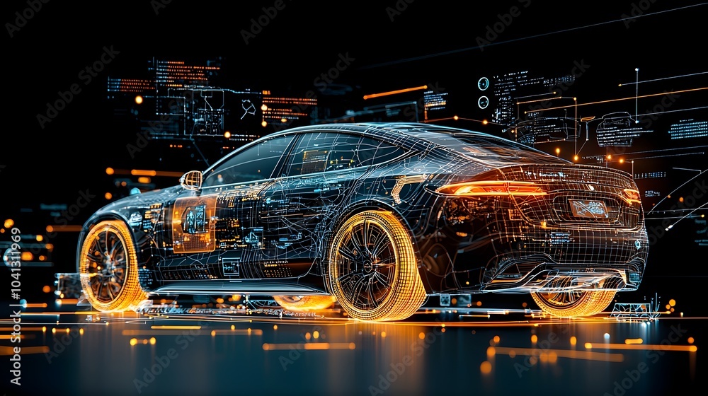 Aufkleber futuristic glowing mesh electric car with digital dashboard and illuminated wheels showcasing a mode