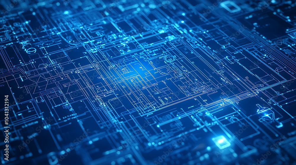 Poster Exploring the intricacies of abstract circuit board design on a blue background for innovative technology visualizations