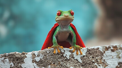 A brave superhero frog in a red cape the unlikely champion of nature ready to save the day