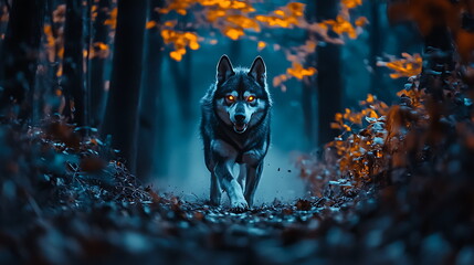 Majestic wolf walking through a vibrant autumn forest illuminated by golden leaves and mystical shadows capturing nature's beauty