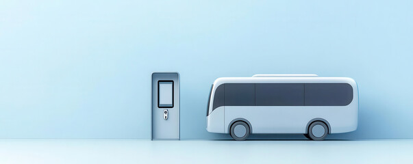 A modern, white bus parked next to a bus stop in a minimalist setting with a light blue background.