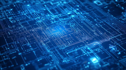 Obraz premium Exploring the intricacies of abstract circuit board design on a blue background for innovative technology visualizations