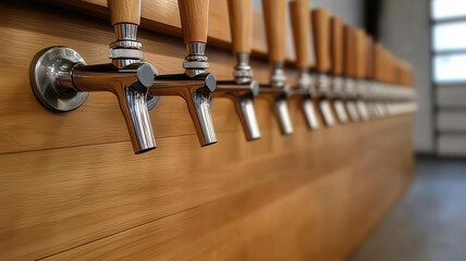 Closeup of beer taps in a row, with shiny chrome surfaces and bar lights reflecting off the metal