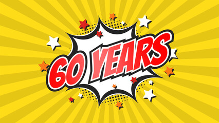Celebratory animation for 60th sixtieth anniversary - 60 sixty years birthday. Flat text on pop colorful background with rays.