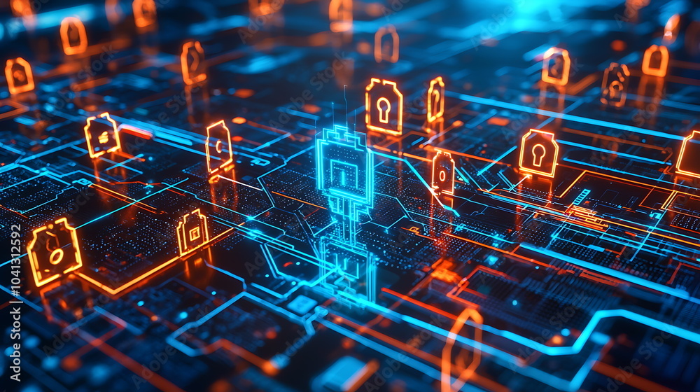 Aufkleber Exploring the intersection of digital circuitry and security icons a visual representation of modern cybersecurity dynamics