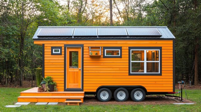 Bright orange tiny house on wheels in a serene outdoor setting.