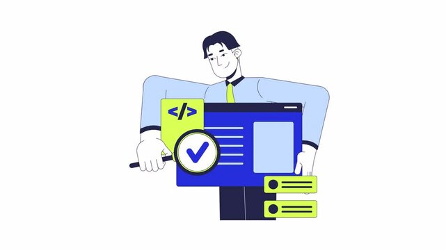 Tester searching bug in software 2D animation. Syntax code assessment 4K video motion graphic. Developer engineer holding magnifying glass animated character cartoon flat concept, white background