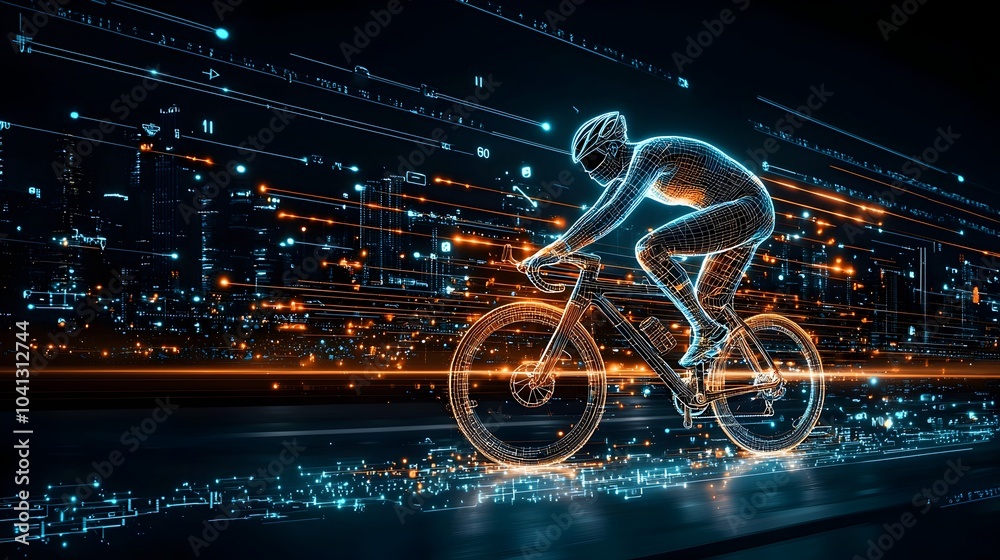 Aufkleber Futuristic mesh cyclist glowing and speeding along an illuminated light trail path through a stunning neon lit cityscape at night  Dynamic digital and tech infused urban landscape