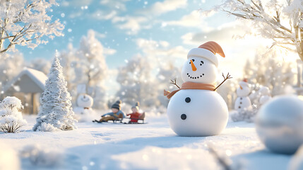 Obraz premium Charming Winter Wonderland. A cozy winter scene with snowmen, sledding children, and frosty trees, capturing the magic of the seaso
