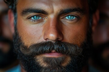 Obraz premium Man with a mustache and blue eyes. The man has a beard and a mustache