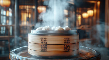 A bamboo steamer filled with traditional Chinese food, emitting steam in an old-style restaurant
