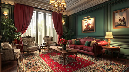 Discover the timeless charm of an elegant living room adorned with vintage furniture and lush decor for a luxurious ambiance