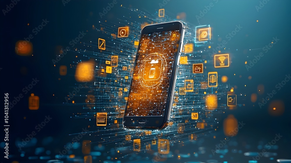 Aufkleber Futuristic mesh pattern design of a smartphone device with glowing app icons floating around the digital screen interface  Abstract modern technology and communication concept