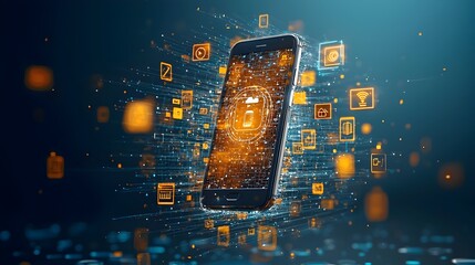 Futuristic mesh pattern design of a smartphone device with glowing app icons floating around the digital screen interface  Abstract modern technology and communication concept