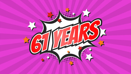 Celebratory animation for 61st sixty-first anniversary - 61 sixty-one years birthday. Flat text on pop colorful background with rays.
