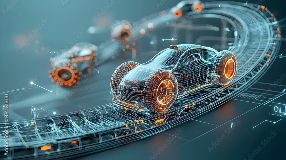 Poster futuristic mesh roller coaster track with glowing neon lit vehicles racing along the curving abstrac