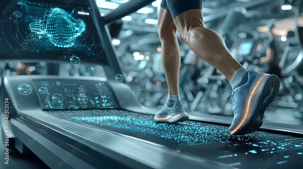 Aufkleber Futuristic mesh runner pulsing and moving on a treadmill with a dynamic rhythmic lighting display that follows the beat of the exercise  Glowing luminous and vibrant visual concept for fitness