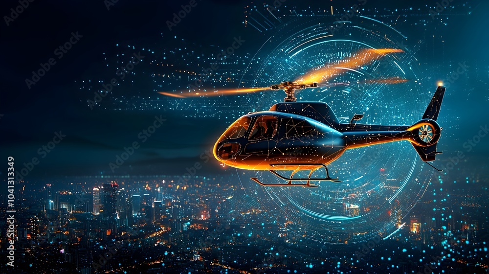 Aufkleber Futuristic vision of a helicopter with glowing mesh lines soaring over the vibrant and illuminated skyline of a bustling city at night creating a visually striking and captivating scene