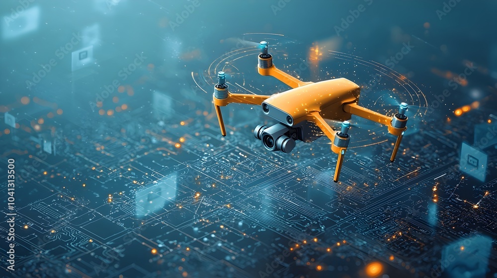 Aufkleber futuristic rendering of a drone navigating through a glowing digital mesh network while transporting