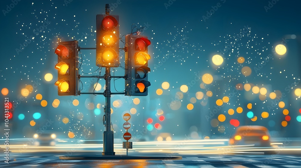 Poster glow mesh traffic lights changing colors in a dynamic futuristic display with light trails of moving