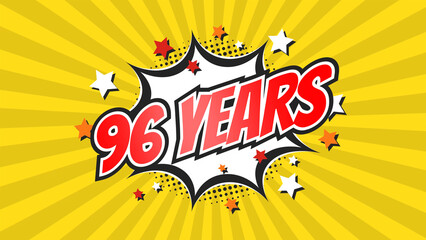 Celebratory animation for 96th ninety-sixth anniversary - 96 ninety-six years birthday. Flat text on pop colorful background with rays.