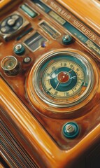 Vintage radio with round gauge and dials.