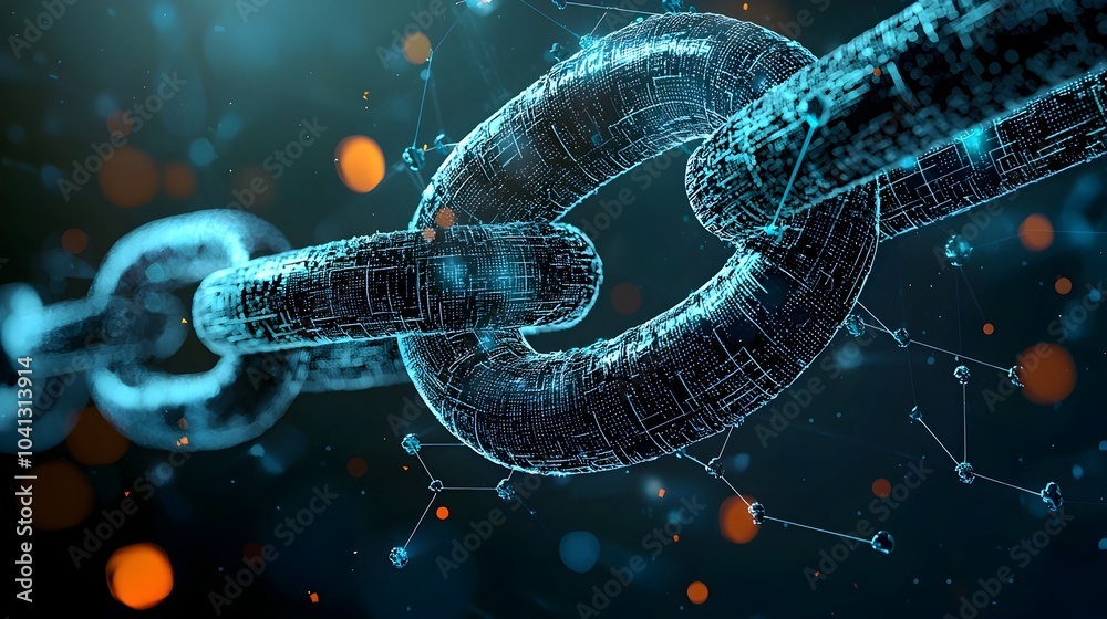 Poster Glowing and interconnected blockchain mesh chains with moving data particles representing the decentralized secure and transparent nature of blockchain technology and digital networks